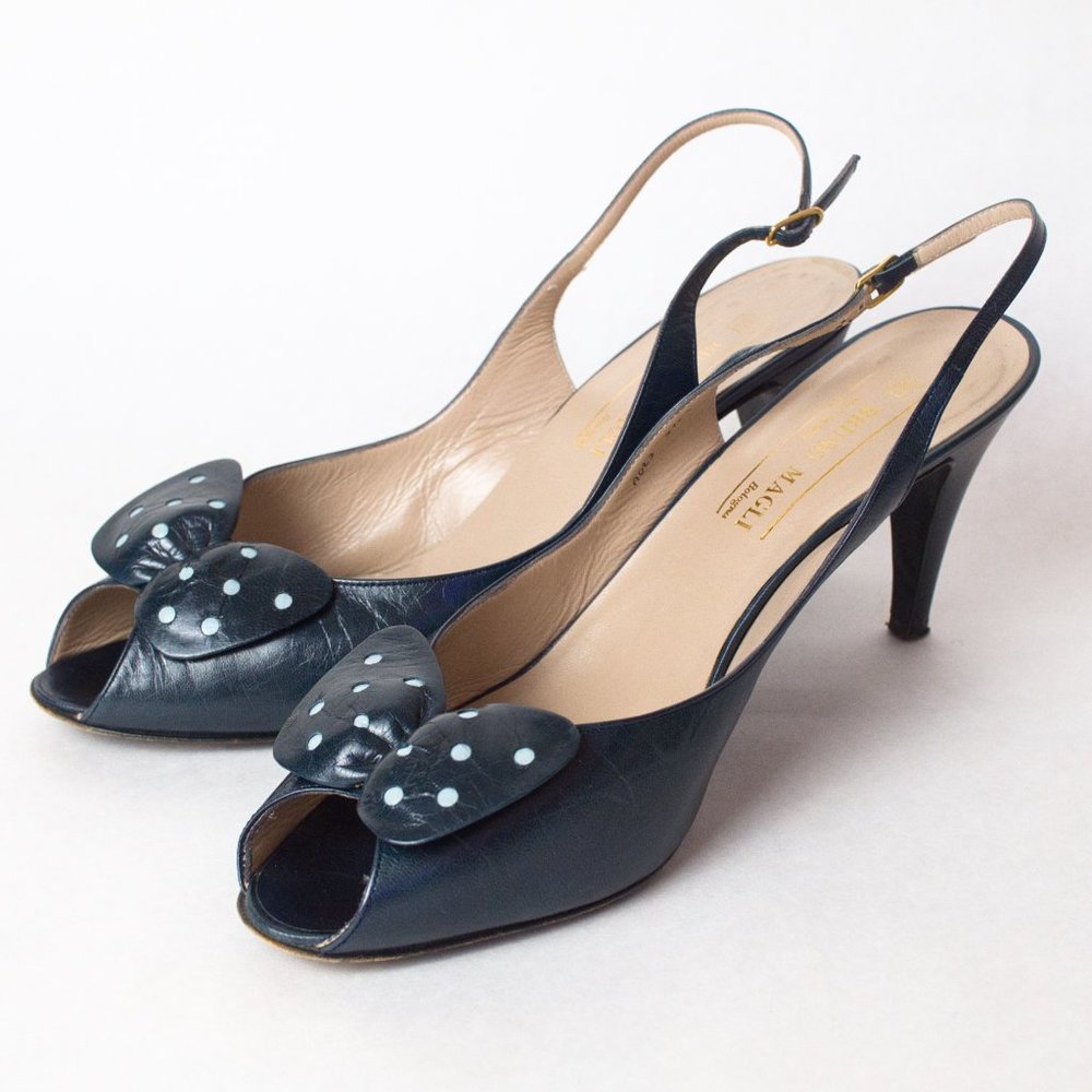 Bruno Magli Vintage Size 10 B Heeled Peep Toe Sandals with Polka Dot Bow - Picture 4 of 14